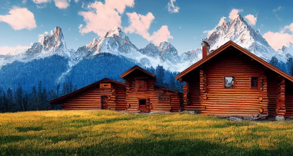 Image similar to log cabin beneath the alps, vaporwave, 4 k