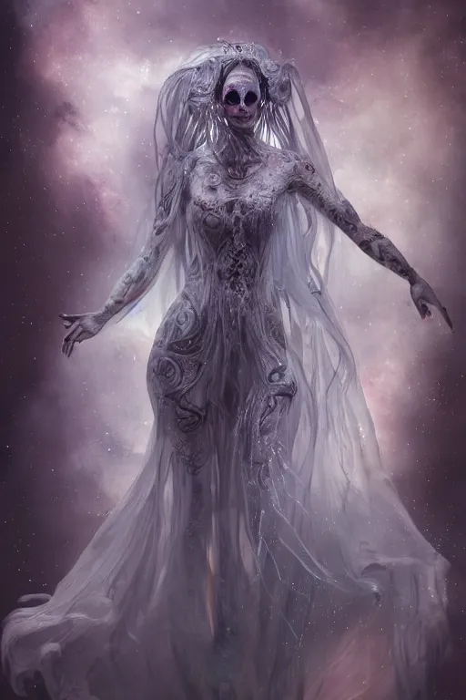 Image similar to a wlop 3 d render of very very very very highly detailed beautiful mystic portrait of a phantom undead ballerina with whirling galaxy around, tattoos by anton pieck, intricate, extremely detailed, flowing dress, digital painting, artstation, concept art, smooth, sharp focus, illustration, intimidating lighting, incredible art,