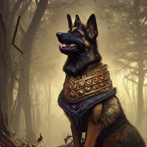 Image similar to german shepherd as odin, intricate, elegant, highly detailed, digital painting, artstation, concept art, matte, illustration, hearthstone, art by artgerm and greg rutkowski and alphonse mucha, simon stalenhag, hyperreal