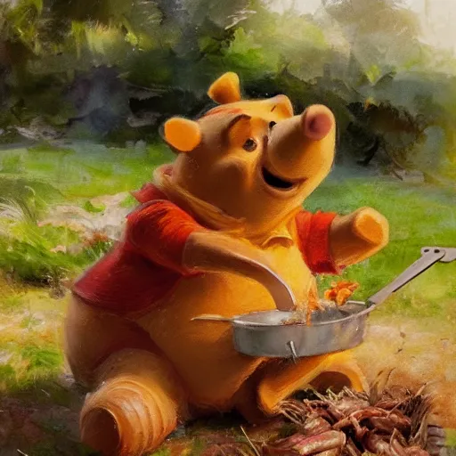 Image similar to close up of winnie the pooh cooking a hog roast, cinematographic shot, by daniel f. gerhartz
