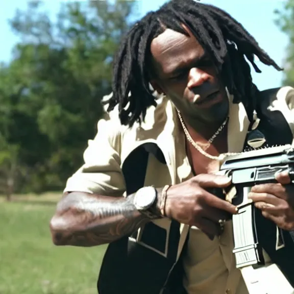 Prompt: Chief Keef firing an assault rifle from the hip, still from a music video