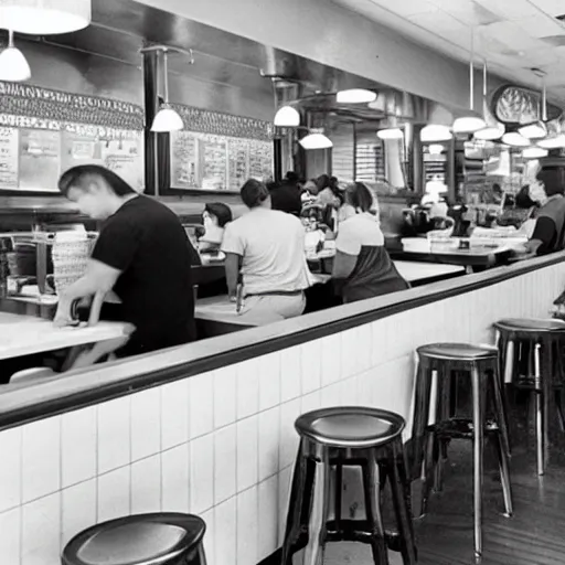 Image similar to busy wafflehouse interior with customers eating breakfast and wafflehouse employees serving food and cooking behind countertop