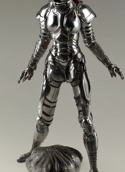 Prompt: 80mm, resin detailed model figure of a female wearing a silver mantis armor