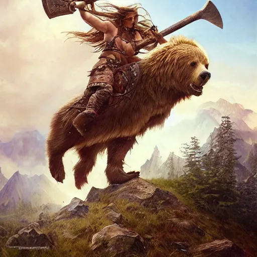 Image similar to viking barbarian emma watson riding a grizzly bear like a horse wielding a giant axe, fantasy art, hyper detailed, extremely complex, hyper realistic art by artgerm and greg rutkowski and alphonse mucha