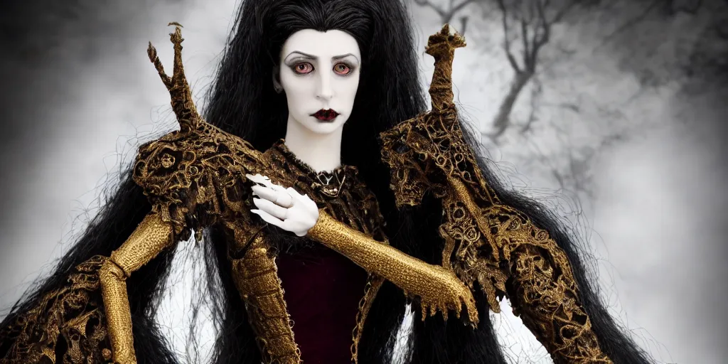 Prompt: photo taken of an epic intricate, ultra detailed, super realistic stop motion puppet of a majestic gracious regal aristocratic brunette female vampire and gothic filmset created by weta workshop and tim burton, menacing, wide angle, full body shots, photorealistic, sharp focus, gloomy, extremely cold blueish colour temperature, 3 5 mm, f 1. 4, golden ratio