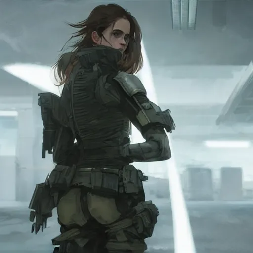 Image similar to emma watson wearing metal gear armor dramatic lighting cinematic cinematic lighting art by Richard Schmid by Yoji Shinkawa by greg rutkowski