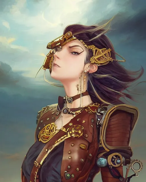 Image similar to a beautiful 2D illustration of a young female steampunk pirate wearing leather armor on gold and red trimmings on green, by Charlie Bowater, tom bagshaw, Artgerm and Lois Van Baarle, very cool pose, pirate ship with an epic sky background, slightly smiling, cinematic anime lighting and composition, fantasy painting, very detailed, ornate, trending on artstation and pinterest, deviantart, google images