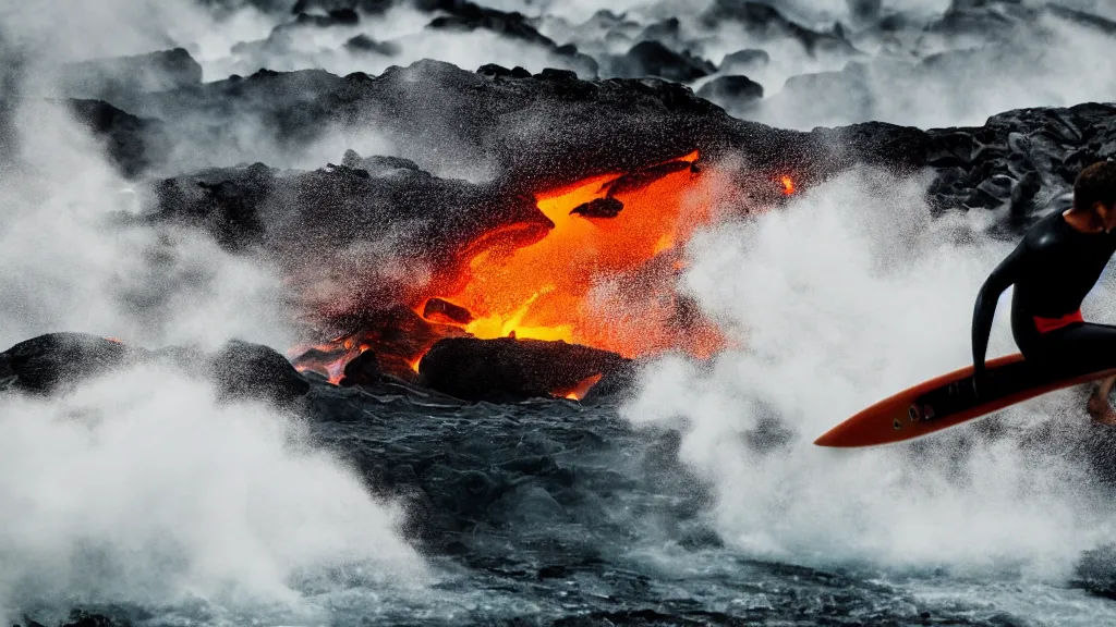 Image similar to person in armor surfing down a river of lava on the side of a volcano on surfboard, action shot, dystopian, thick black smoke and fire, motion blur, sharp focus, cinematic, tilt shift lens