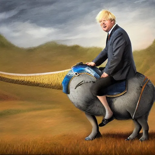 Image similar to boris johnson riding a veloceraptor, painting