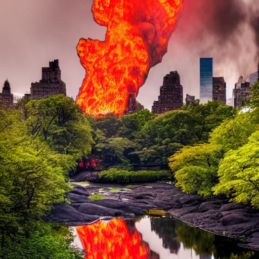 Image similar to award winning photo of a lava flow going through Central Park in New York.