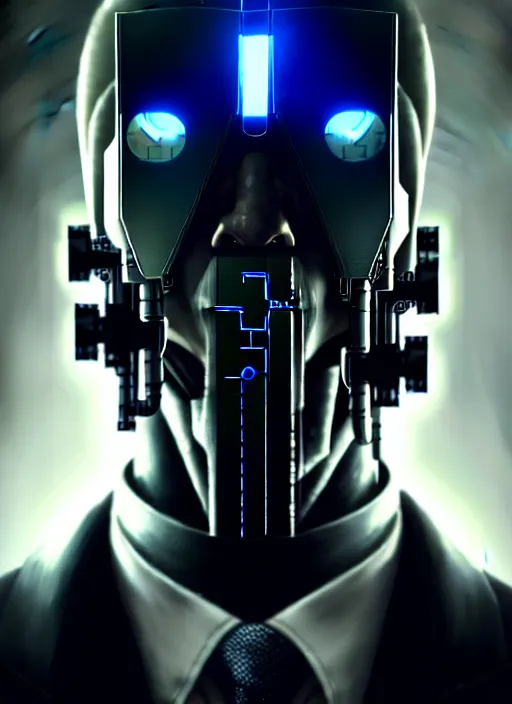 Prompt: man with cybernetic enhancements, wearing a suit! detailed face with mask, scifi character portrait by greg rutkowski, esuthio, craig mullins, 1 / 4 headshot, cinematic lighting, dystopian scifi gear, gloomy, profile picture, mechanical, half robot, implants, steampunk