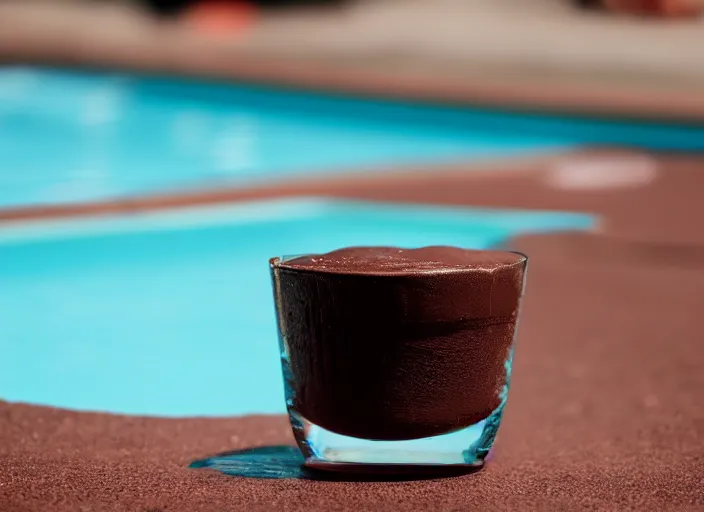 Image similar to chocolate pudding swimming pool. 8 k, depth of field, dslr