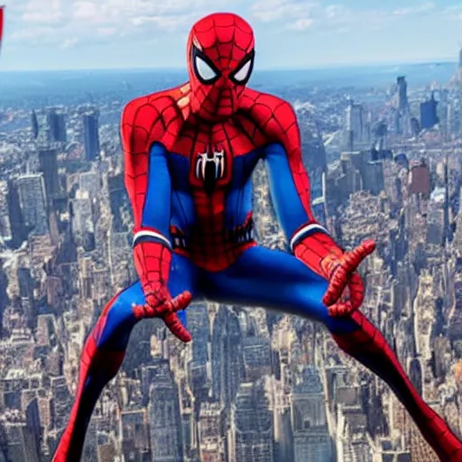 Image similar to marvel spider - man arms out from back standing on top of the empire state building