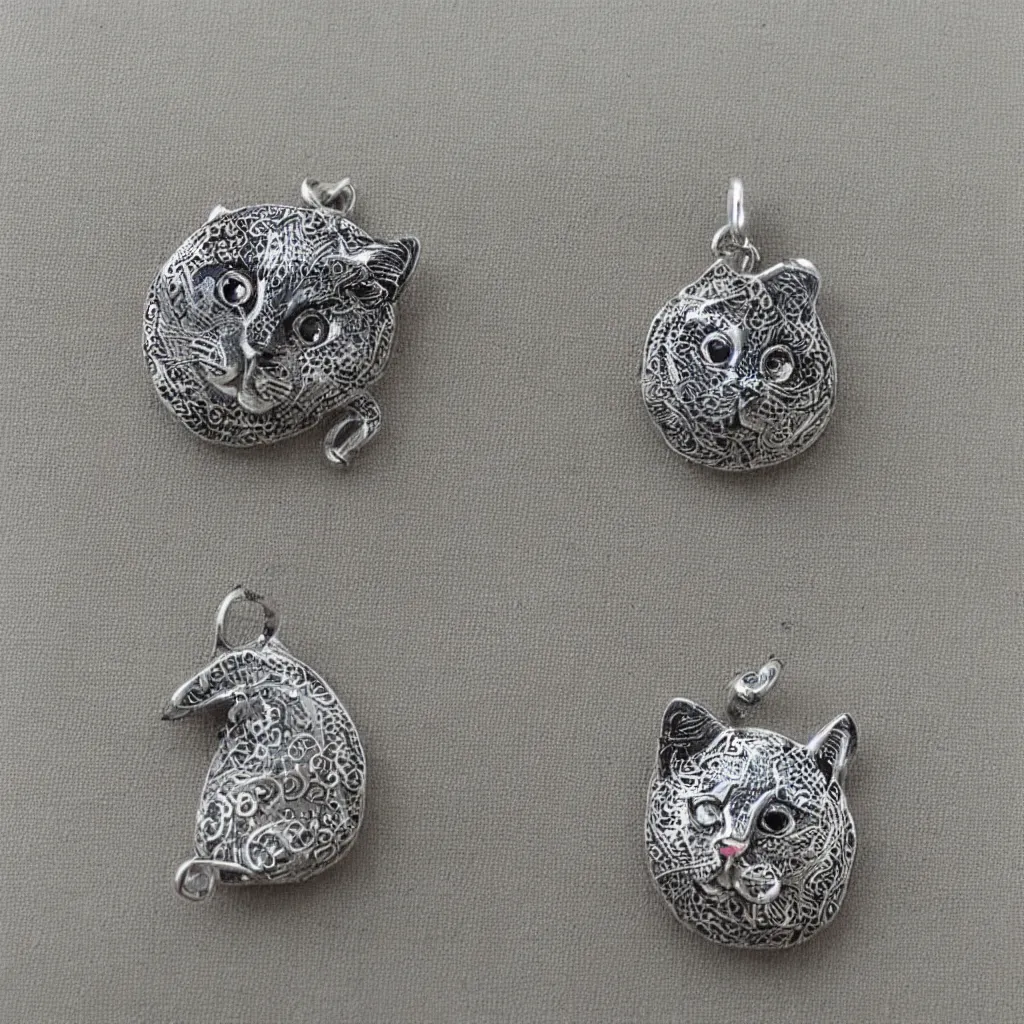 Image similar to Silver embroidered amulet, realistic, clean, cat,