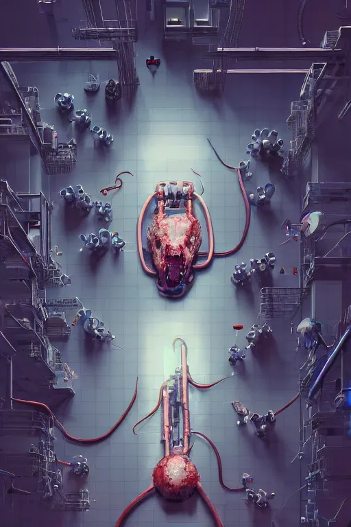 Image similar to top view photorender of many mechanics in lab facility looking at bloody disney mouse head lifted by claw, made by beeple, cgsociety, artgerm, greg rutkowski, highly detailed intricate 4 k art, low light cinematic, octane render, unreal engine, smooth concept art