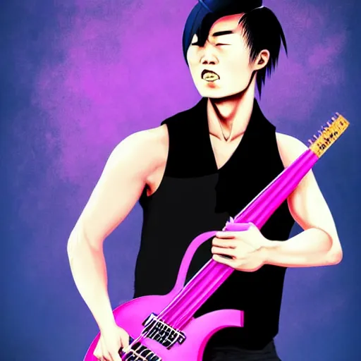 Prompt: chinese rocker guy with short hair wearing a serious expression and looking up, wearing a black vest and playing a pink guitar, smoke in the background, full color digital illustration in the style of frank frazetta,, artgerm, artstation trending