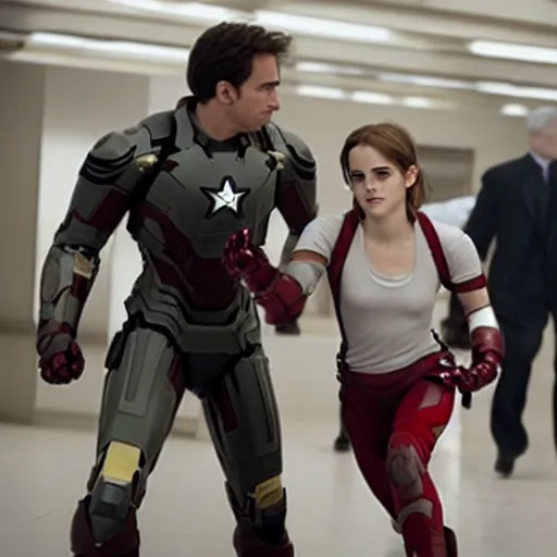 Prompt: a still of emma watson in iron man fighting with captain america ( daniel radcliff )