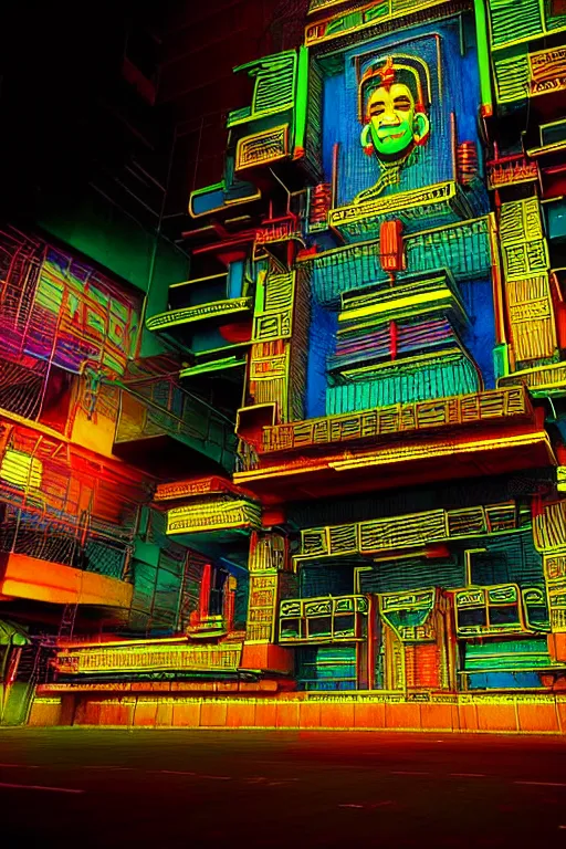 Image similar to high quality photo hyperrealistic cyberpunk hanuman head building, neon yellow madhubani, highly detailed, in sci - fi mumbai, unreal engine cinematic smooth, liam wong, moody light, low angle, uhd 8 k, sharp focus