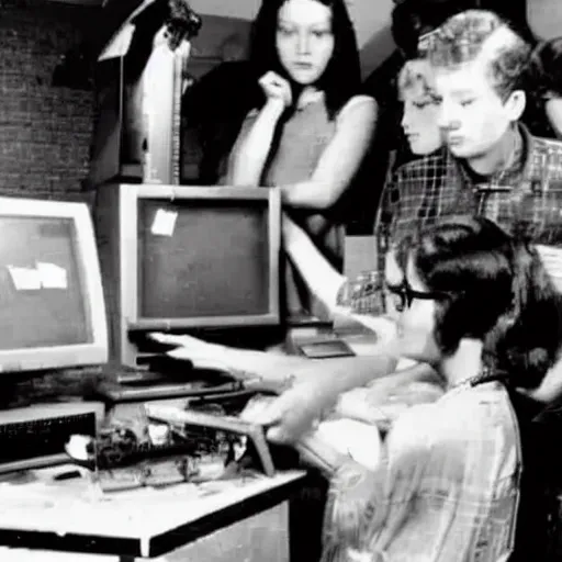 Prompt: A nerd taking apart a computer as several beautiful women watch