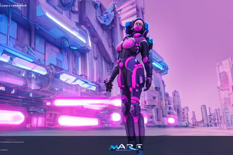 Image similar to a beautiful woman, piloting a mech. Pink and blue color scheme. Scifi city street background. In the style of Arcane by fortiche. Marmoset Toolbag, zbrush, substance painter.