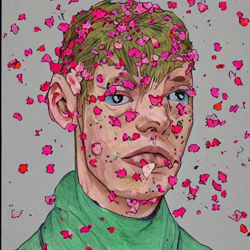 Image similar to a blonde man with freckles vomiting rose petals, lungs, varying art styles, clarity, detoxification, varying angles, colorful