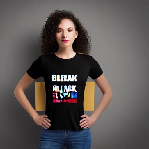 Prompt: clear photorealistic mockup product photograph of a blank black tshirt on an attractive female model in front of an indoor background - h 7 0 4