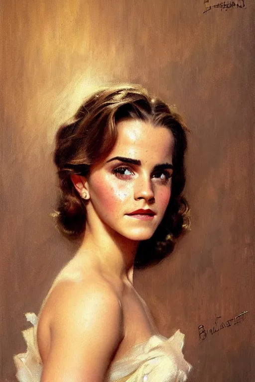 Image similar to detailed portrait of a beautiful emma watson 1 9 5 0 s hairstyle muscular, painting by gaston bussiere, craig mullins, j. c. leyendecker