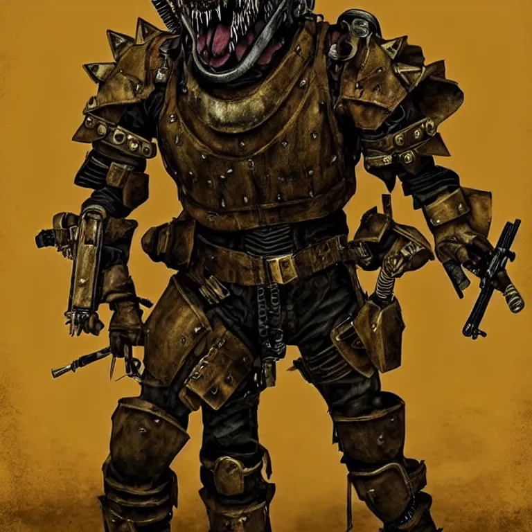 Image similar to a good ol'hound dog fursona ( from the furry fandom ), heavily armed and armored facing down armageddon in a dark and gritty version from the makers of mad max : fury road. witness me.