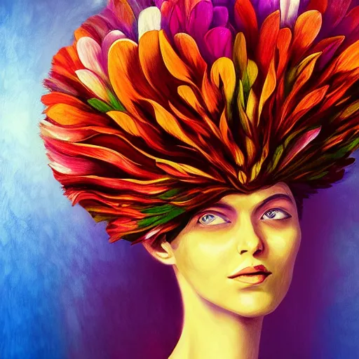 Image similar to giant flower head, woman standing in a luxury apartment, surreal, dramatic light, impressionist painting, digital painting, artstation, georgia o'keeffe