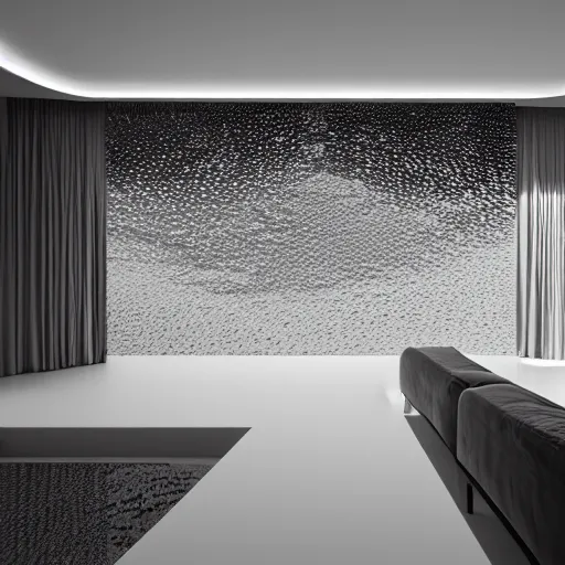 Prompt: villa architecture fluid design, chantal matar well-defined style, monochromatic, natural lighting, volumetric lighting, generative art nebula, cinematic, photo realistic, hyper real, surreal design, flow everywhere, walls made of crystal clear water, droplets on the walls, 8k