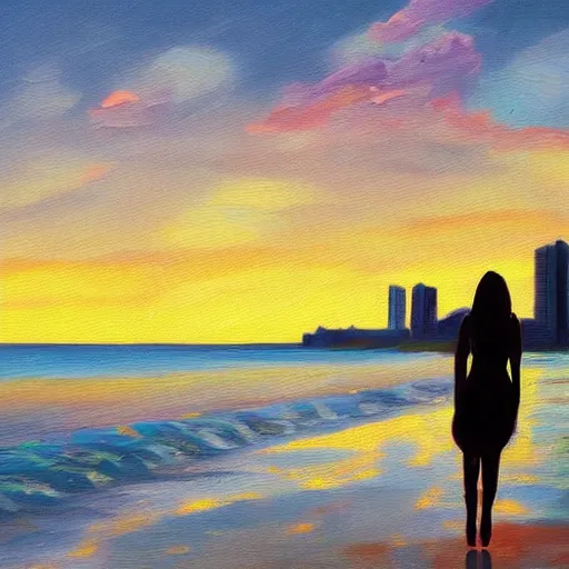 Image similar to lonely young woman wandering a beach at sunset, stylized, oil painting, warm lighting, city skyline