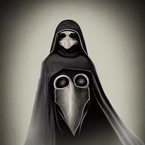 Image similar to female plague doctor donning a black hood, steel armor and a white crow mask, trending on artstation