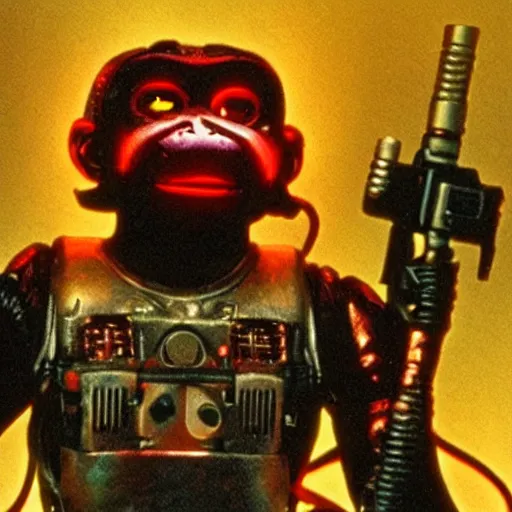 Image similar to A monkey as The Terminator (1984), glowing red eyes, in cyberpunk style