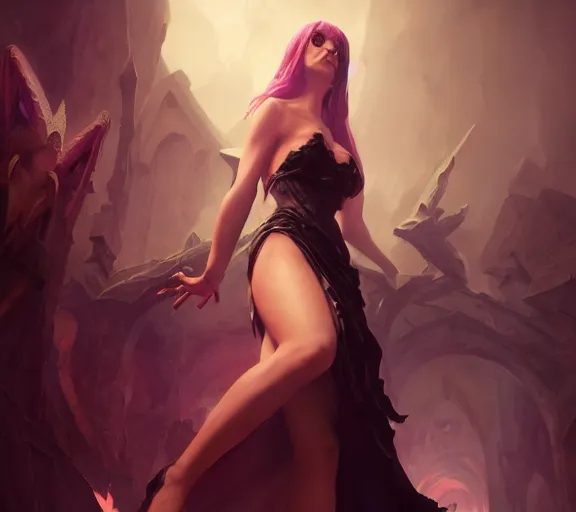 Image similar to morrigan aenslandcasting magic, a charming succubus, strapless dress, fantasy, d & d, by greg rutkowski and raymond swanland, sharp focus, trending on artstation, 8 k realistic digital art, cryengine, symmetric, league of legends splash art, concept art, frostbite 3 engine