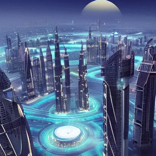 Image similar to futuristic skyline of dubai in the year 2 0 5 0 inspired by cyberpunk with flying spider drones