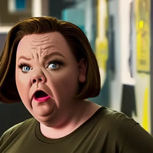 Image similar to cinematic still from a sci - fi absurdist comedy with ricky gervais as melissa mccarthy, dramatic