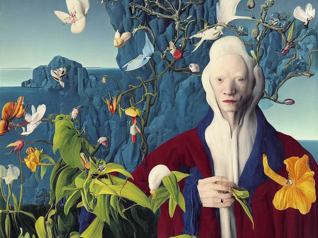 Image similar to Portrait of albino mystic with blue eyes, with exotic beautiful orchid mantis. Landscape with iceberg. Painting by Jan van Eyck, Audubon, Rene Magritte, Agnes Pelton, Max Ernst, Walton Ford