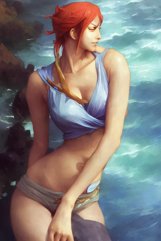 Image similar to Nami from One Piece, digital art from artstation by Ruan Jia and Mandy Jurgens and Artgerm and william-adolphe bouguereau