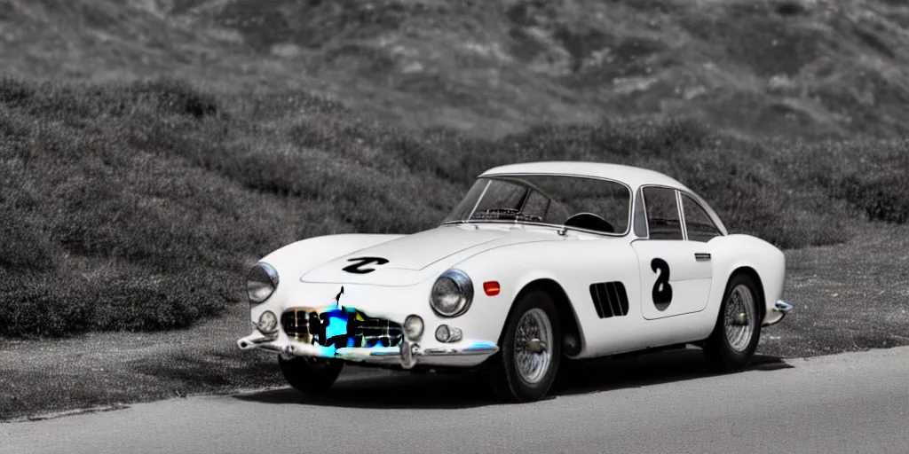 Image similar to photograph, 1958 FERRARI 250 GT, cinematic, PCH, california coast, 8k, depth of field, bokeh.