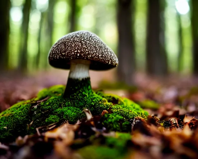 Prompt: a mushroom in a forest, moss, autumn, warm colors, photography, depth of field