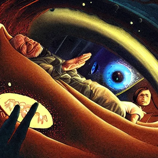 Image similar to waking up from coma, first person view, being cared for by primitive extraterrestrials, cinematic, worm's eye view, dramatic lighting, illustration, ron cobb, mike mignogna, science fiction