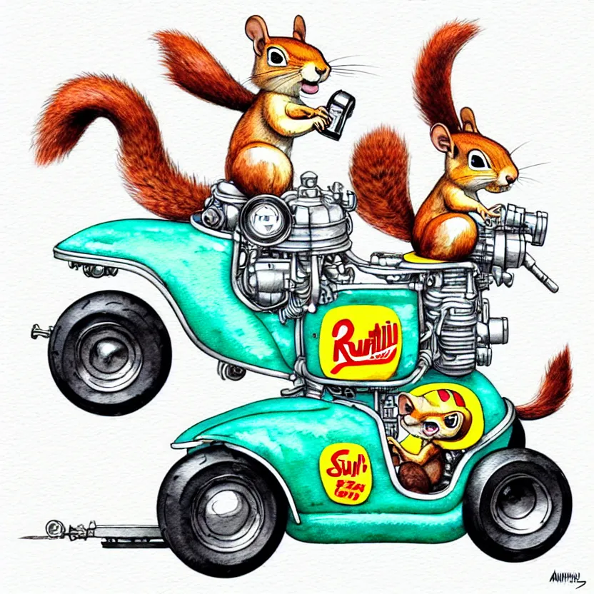 Image similar to cute and funny, squirrel wearing a helmet riding in a hot rod with oversized engine, ratfink style by ed roth, centered award winning watercolor pen illustration, isometric illustration by chihiro iwasaki, edited by range murata, tiny details by artgerm and watercolor girl, symmetrically isometrically centered, sharply focused