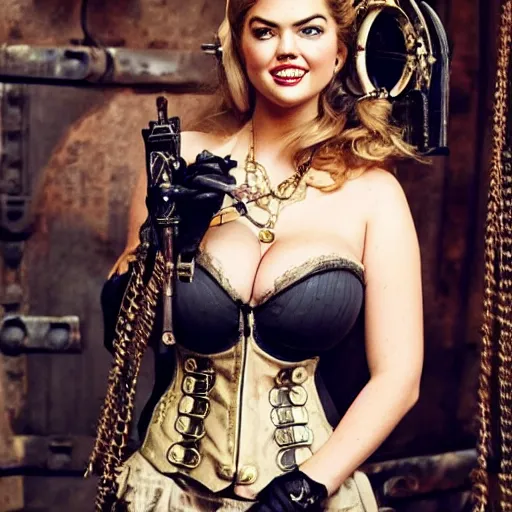 Prompt: photo of kate upton as a female steampunk thief with daggers