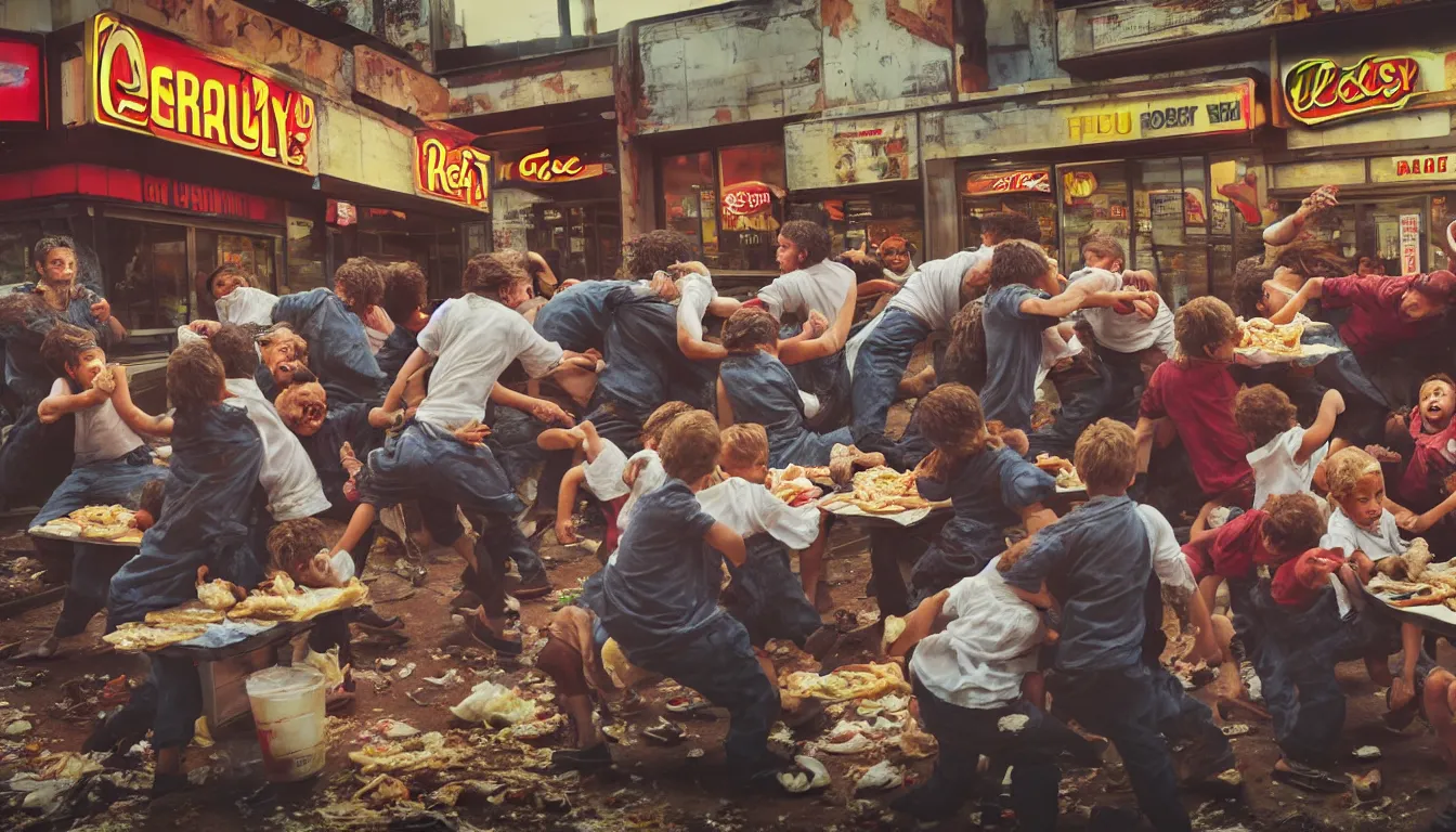 Image similar to in a dirty fast food restaurant disheveled children in rags obese men in suits and old people fighting over piles half eaten rotting fast food, money floats in the air, hyper realistic photo, full colour, upscale, 8 k, masterpiece,