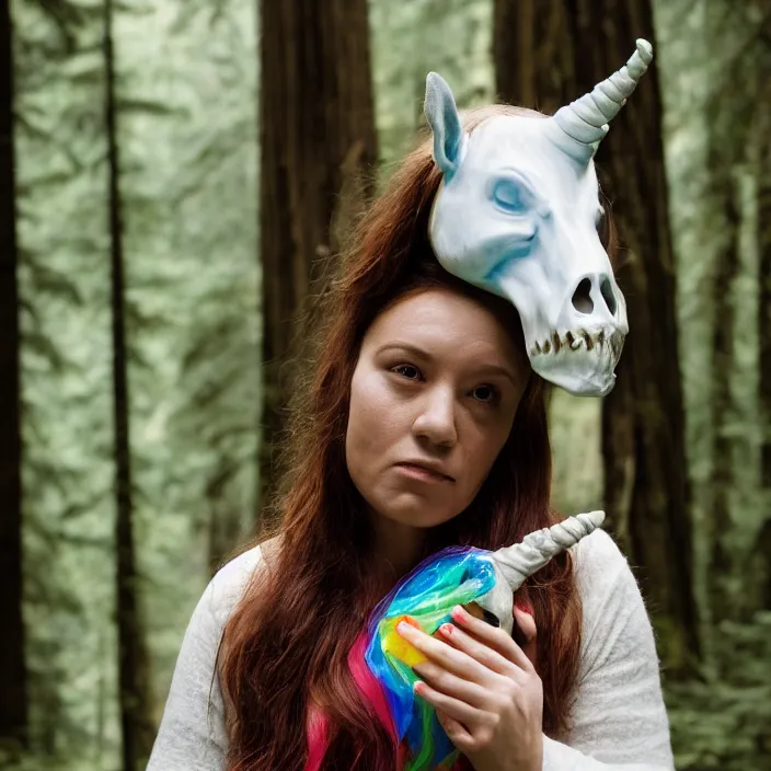 Image similar to a color photograph, closeup portrait of a woman wrapped in plastic, holding a unicorn skull, in a foggy redwood forest, color photograph, by vincent desiderio, canon eos c 3 0 0, ƒ 1. 8, 3 5 mm, 8 k, medium - format print