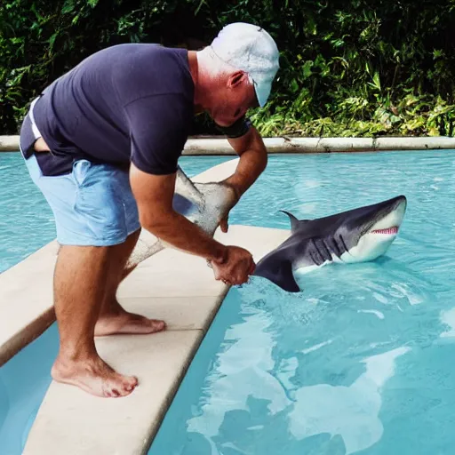 Image similar to a man feeding a shark in a pool