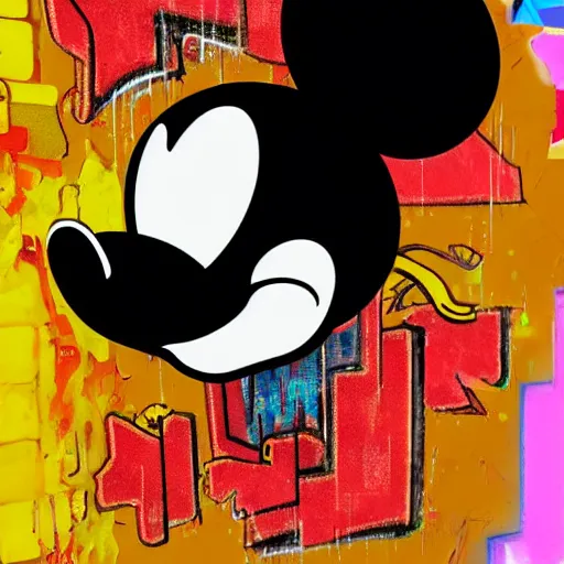 Image similar to animatronic mickey mouse head, graffiti, time shift, mesh distortion, warped, wet, melting, mutating, radiant alien