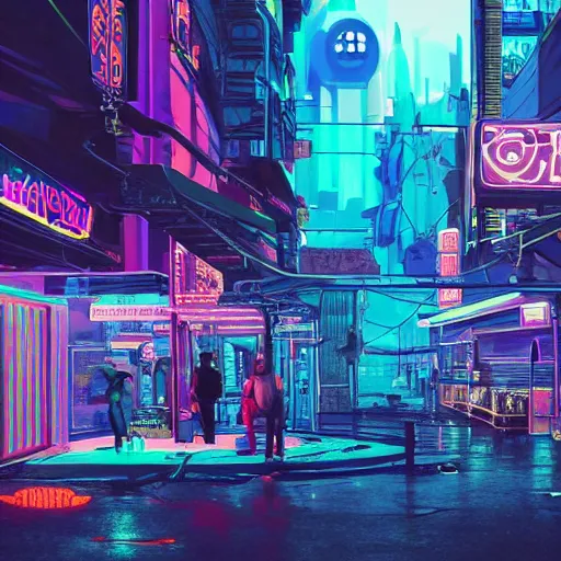 Prompt: a dreamlike cyberpunk city sit in the very far future, neon signs, shops and bars, floating buildings, glowing neons, synthwave, slightly abstract, rich deep colors, 4 k, realistic photography, flying cars in the distance, robot humanoids, anthropomorphic vehicles, fantasy setting, brilliant dreamy lighting, 8 0 s vibe, morning, blue sun