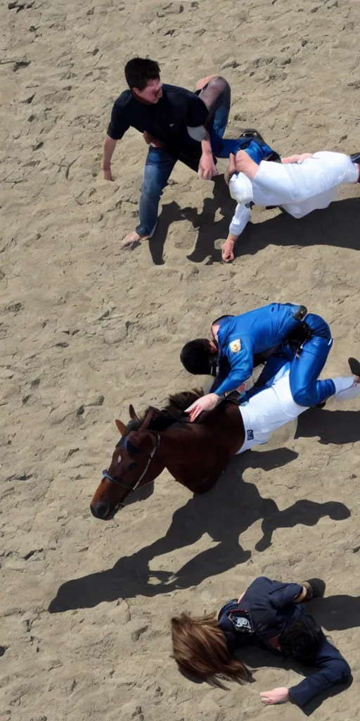 Image similar to horse wrestles astronaut on all fours on hands and knees in grappling in closed guard on mount position