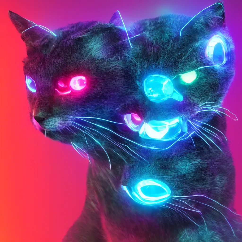 Image similar to cyber cat, cyber neon lighting, glowing eyes, futurism, hyper photorealistic, crispy quality, digital photography, trending in artstation, cinematic, beeple, 4 k ultra hd